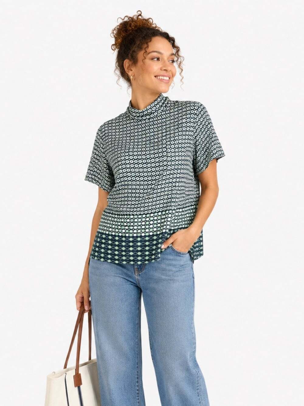 Zara Green Abstract Print Tie Neck Blouse Short Sleeve XL Contemporary